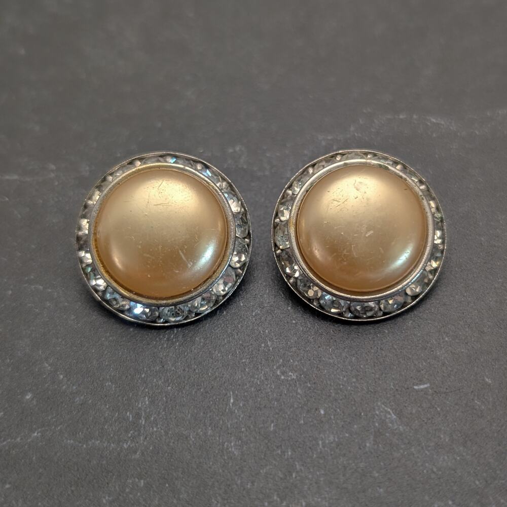 Vintage Clip On Earrings Dark Cream with Clear Gem Halo - Fair Condition
